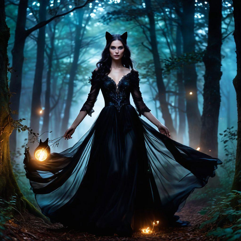 An elegant woman draped in a flowing, dark gown, standing confidently amidst a misty forest, her hair billowing as if enchanted. Surround her with shimmering light orbs and mystical flora, highlighting her powerful aura. Incorporate elements like a sleek black cat at her feet and subtle hints of magic swirling around her hands. Enhance the atmosphere with a twilight background, casting deep shadows and glowing highlights. surreal art. vibrant colors. mystical elements.