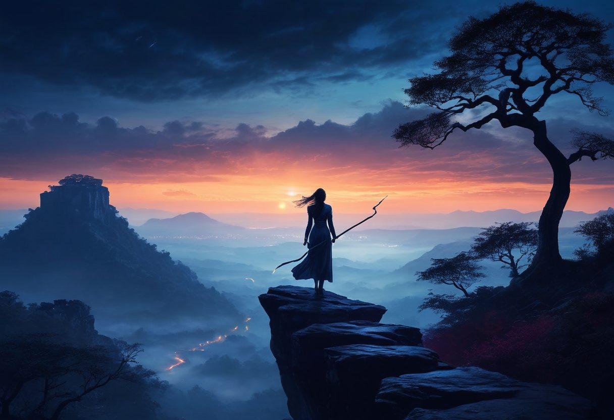 A captivating scene of a powerful woman standing atop a rocky cliff at twilight, with a charcoal-colored sky transitioning to deep midnight blue. She holds a glowing staff symbolizing authority, surrounded by swirling mist that accentuates her commanding presence. The landscape below features silhouettes of ancient trees and a distant city skyline, evoking a sense of mystique and empowerment. vivid colors. mystical atmosphere. dramatic lighting.